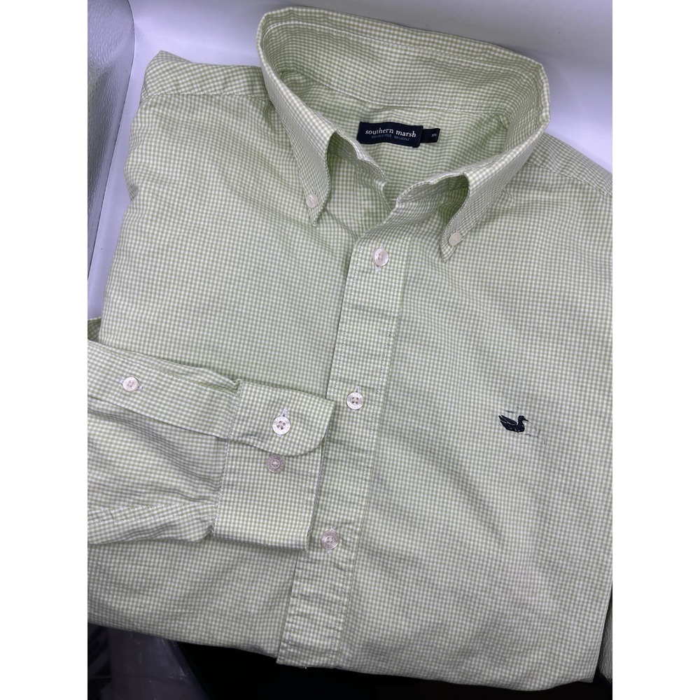Southern Marsh Mens Green Gingham Wrinkle Free Long Sleeve Button Down Shirt M